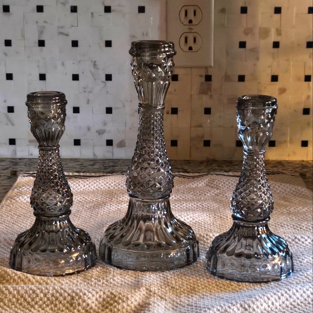 3pc. Vintage smokey gray candlestick holders
